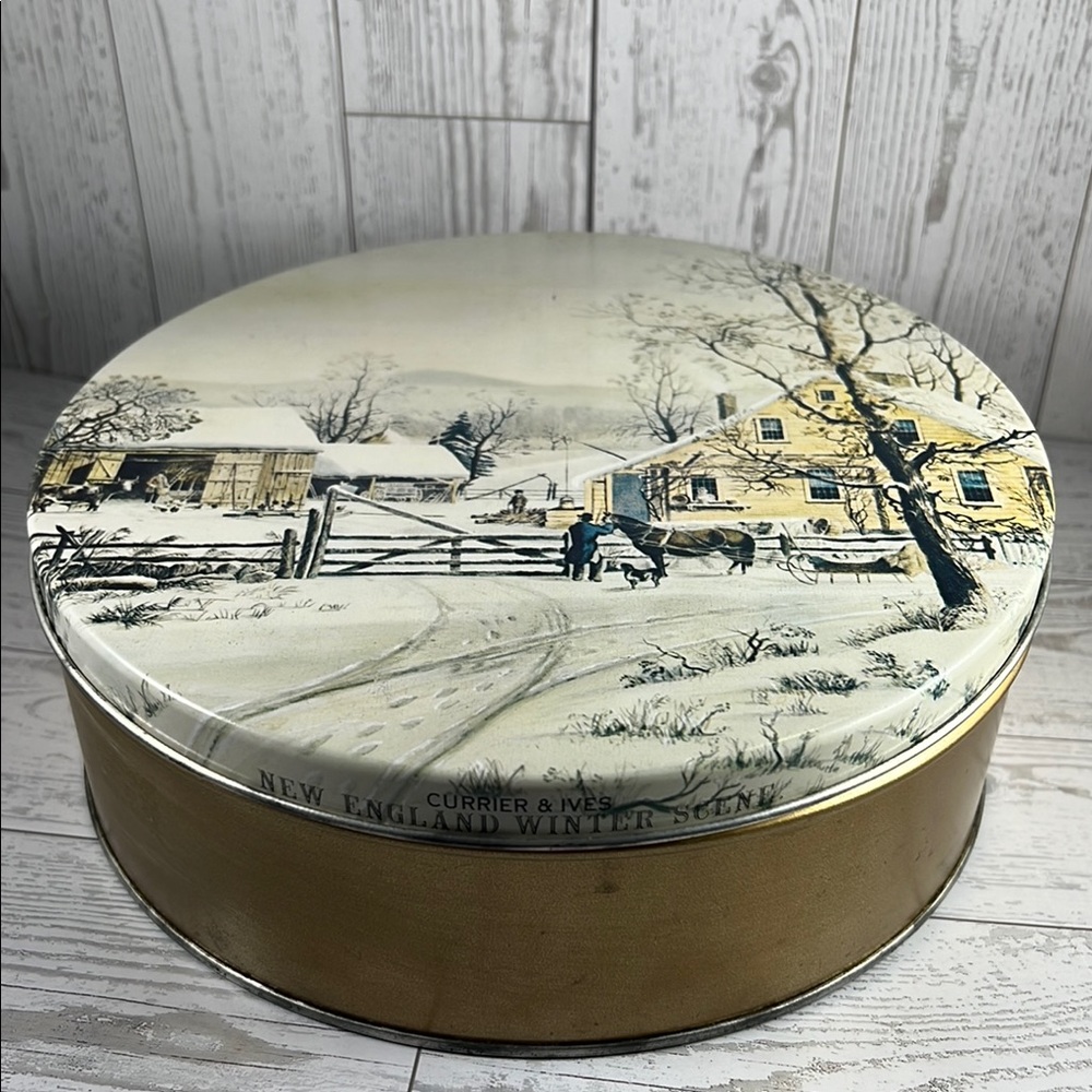 Vintage Currier & Ives New England Winter Scene Tin - empty